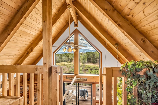 interior details featuring a ceiling fan, wood ceiling, and beamed ceiling