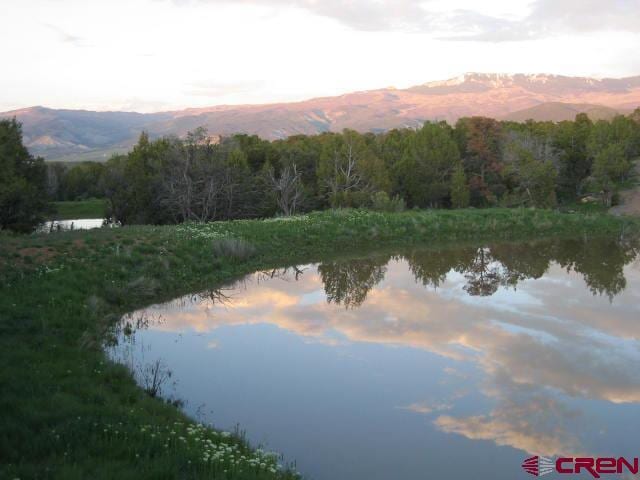 view of water feature featuring a mountain view and a wooded view