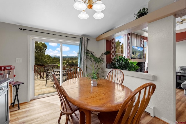 dining area with a notable chandelier and light hardwood / wood-style flooring