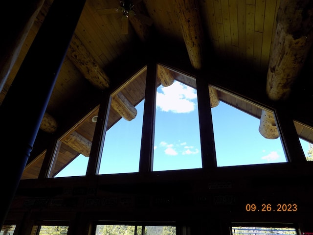 details with beamed ceiling, ceiling fan, and wood ceiling