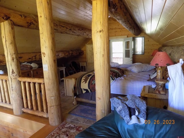 bedroom with lofted ceiling with beams, wood walls, and wood ceiling