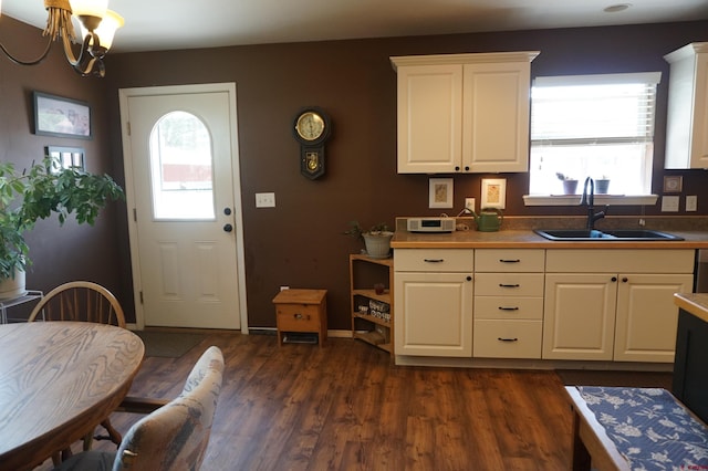 kitchen featuring plenty of natural light, sink, dark hardwood / wood-style flooring, and white cabinets