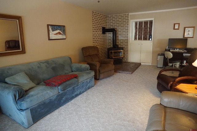 carpeted living room with crown molding and a wood stove