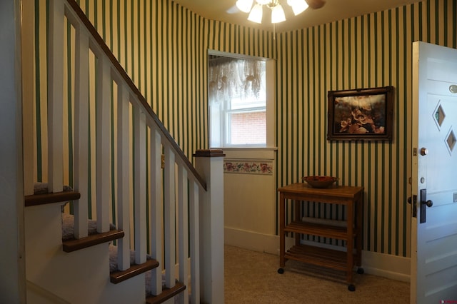 stairway featuring carpet and ceiling fan