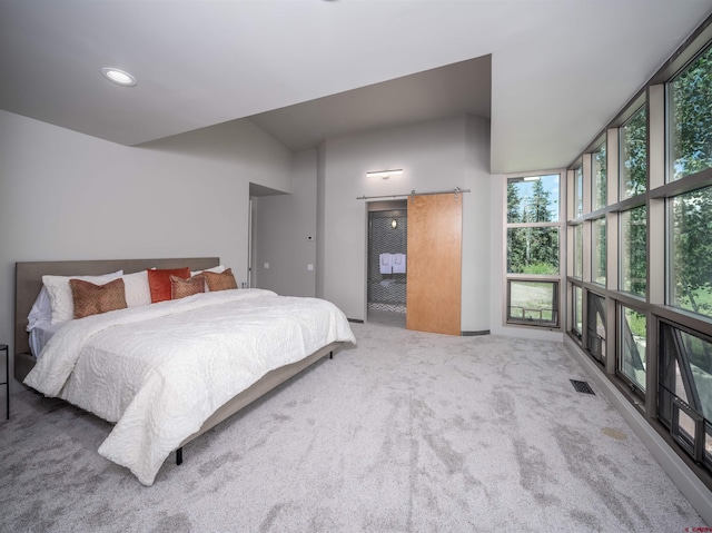 bedroom with carpet floors, a barn door, and expansive windows