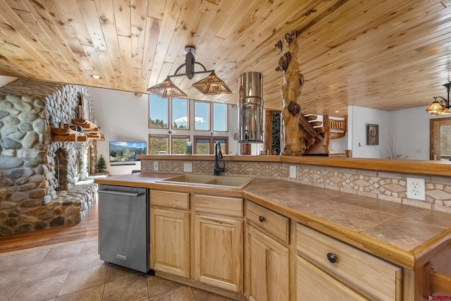 kitchen featuring dishwasher, wooden ceiling, light wood-type flooring, sink, and pendant lighting