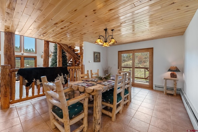 26 Severn Peak Rd, Bayfield, CO 81122 - dining room featuring a baseboard radiator, a chandelier, wood ceiling, light tile patterned flooring, and stairway