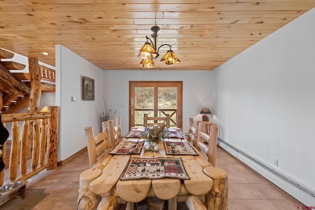 dining space featuring a baseboard radiator, light tile floors, and wood ceiling