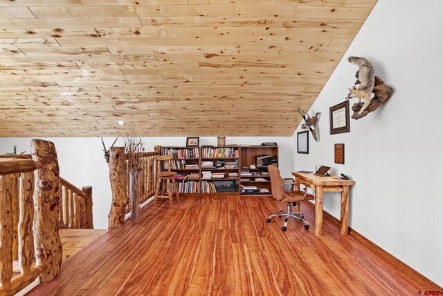 26 Severn Peak Rd, Bayfield, CO 81122 - office with wooden ceiling, wood finished floors, and vaulted ceiling