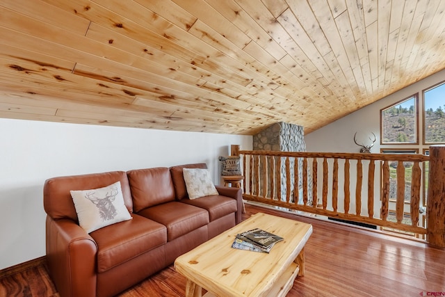 living room featuring wooden ceiling, hardwood / wood-style flooring, and lofted ceiling