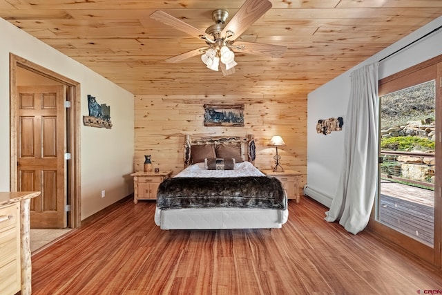 26 Severn Peak Rd, Bayfield, CO 81122 - bedroom with wood ceiling, baseboard heating, baseboards, light wood-type flooring, and access to exterior