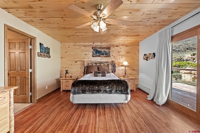 bedroom featuring wooden ceiling, ceiling fan, wood walls, and wood-type flooring