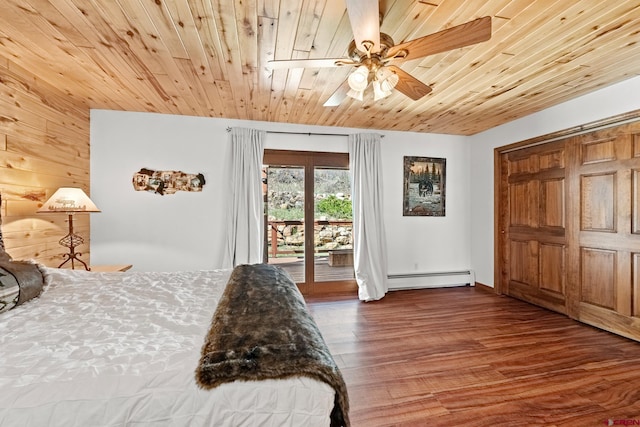 bedroom with a baseboard radiator, access to outside, ceiling fan, wooden ceiling, and hardwood / wood-style floors