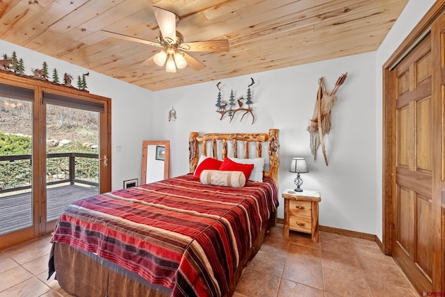 bedroom with tile flooring, ceiling fan, access to exterior, and wood ceiling