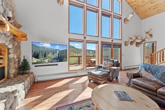 living room featuring a baseboard heating unit, high vaulted ceiling, hardwood / wood-style floors, and wooden ceiling