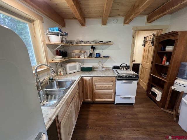 kitchen featuring dark hardwood / wood-style floors, sink, white appliances, wooden ceiling, and beam ceiling