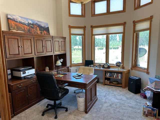 carpeted office space featuring a high ceiling