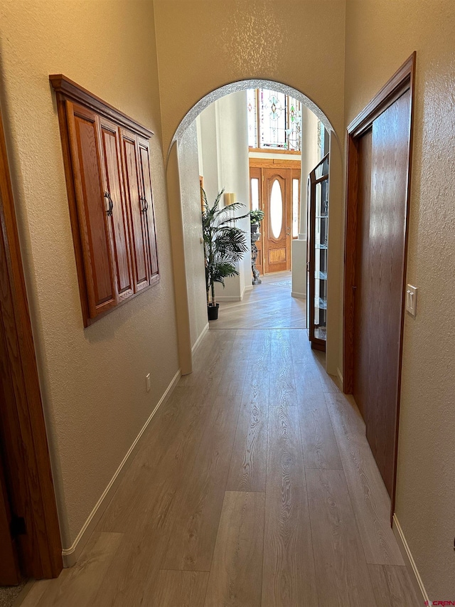 hall with a high ceiling and wood-type flooring