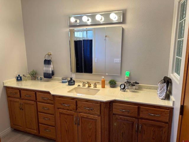 bathroom with vanity and hardwood / wood-style flooring