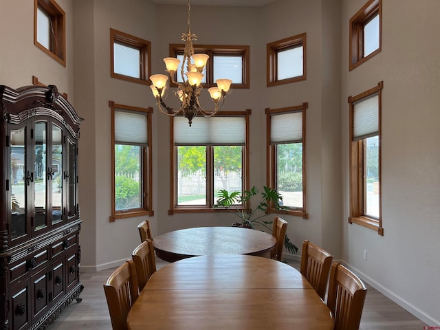 dining area with a chandelier and light hardwood / wood-style flooring