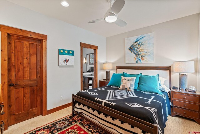 bedroom featuring ceiling fan and carpet flooring