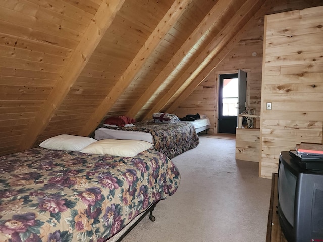 bedroom featuring vaulted ceiling with beams, carpet, wooden walls, and wooden ceiling