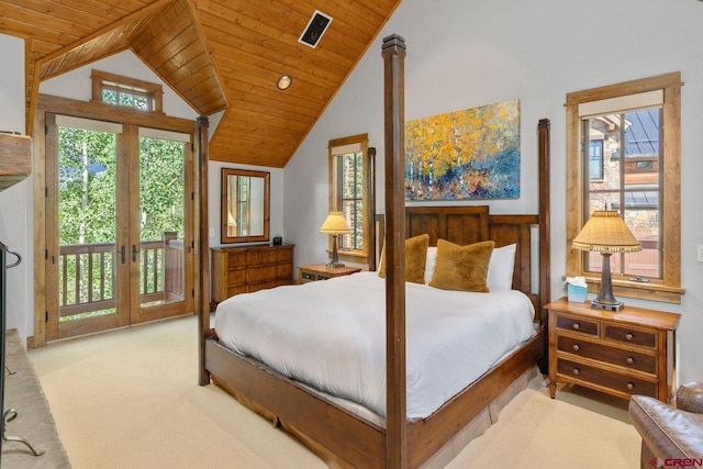 bedroom with carpet floors, wood ceiling, access to outside, and french doors