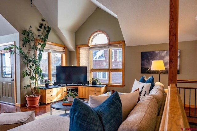 living room featuring hardwood / wood-style flooring, lofted ceiling, and a wealth of natural light