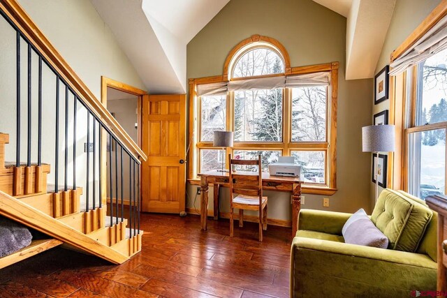 home office featuring a high ceiling and dark hardwood / wood-style flooring