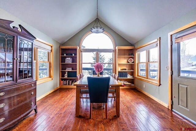 dining room with dark hardwood / wood-style floors and lofted ceiling