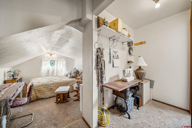 bedroom featuring carpet flooring, a textured ceiling, and vaulted ceiling