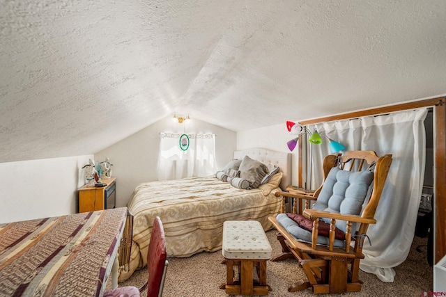 carpeted bedroom featuring lofted ceiling and a textured ceiling