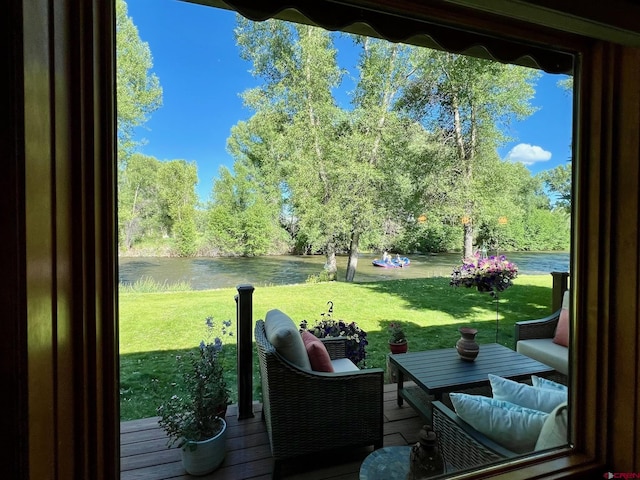 interior space with a water view