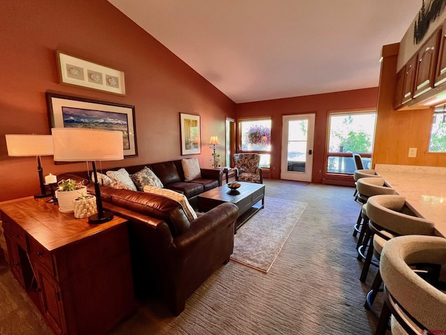 carpeted living area featuring high vaulted ceiling