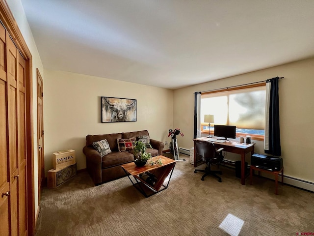 carpeted office with a baseboard heating unit