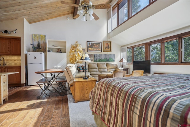 bedroom with ceiling fan, wooden ceiling, white refrigerator, sink, and high vaulted ceiling