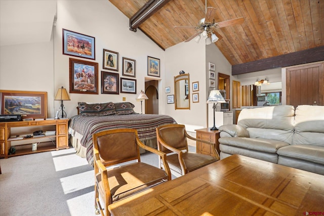 carpeted bedroom featuring beamed ceiling, ceiling fan, high vaulted ceiling, and wood ceiling