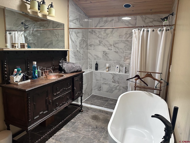 bathroom with shower with separate bathtub, tile patterned floors, vanity, and wooden ceiling