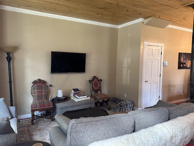 living room featuring ornamental molding and wood ceiling