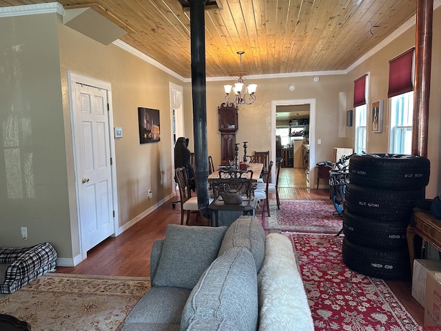 dining space featuring hardwood / wood-style flooring, crown molding, wood ceiling, and an inviting chandelier