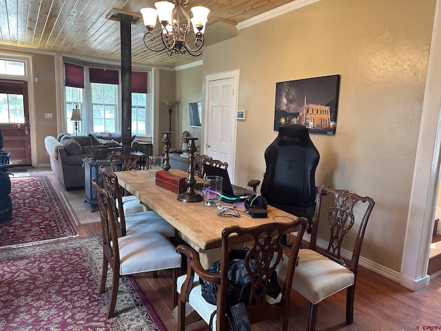 dining area featuring an inviting chandelier, crown molding, wooden ceiling, and hardwood / wood-style flooring