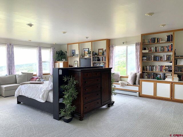 bedroom featuring a baseboard radiator and carpet