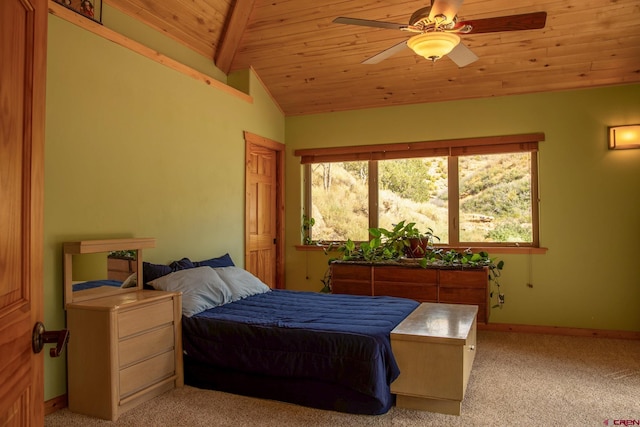 bedroom featuring lofted ceiling with beams, multiple windows, wooden ceiling, and light colored carpet