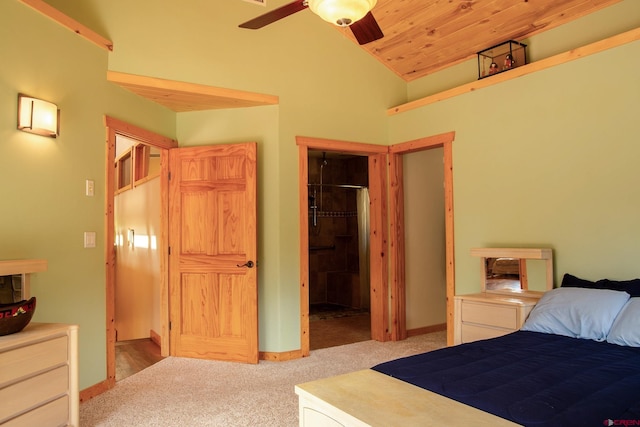 bedroom with light carpet, wood ceiling, baseboards, and vaulted ceiling