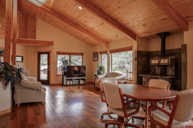 dining space with dark wood-style floors, wood ceiling, a wood stove, high vaulted ceiling, and beam ceiling