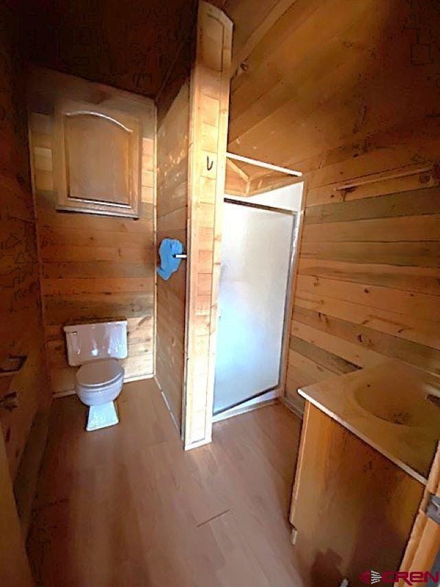 bathroom with wood walls, vanity, toilet, and wood finished floors