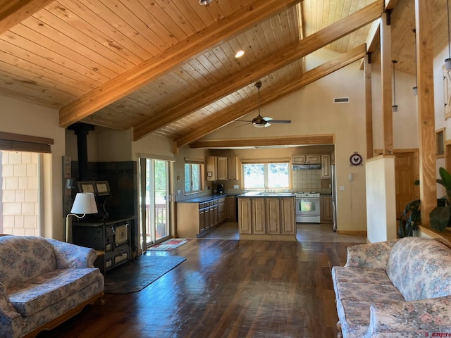 living room featuring visible vents, dark wood-style floors, wood ceiling, beamed ceiling, and a wood stove