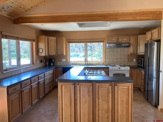 kitchen with stainless steel appliances, dark countertops, a center island, and under cabinet range hood