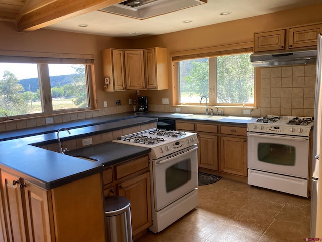 kitchen featuring dark countertops, under cabinet range hood, white gas range oven, and a sink