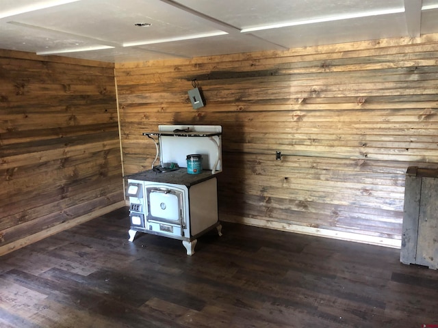 interior space featuring dark wood-type flooring and wooden walls